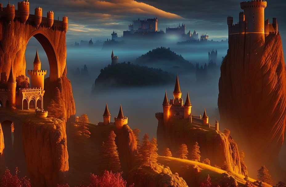 Fantastical dusk landscape with illuminated castles on cliffs