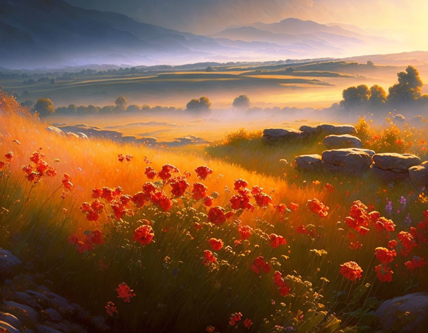 Serene sunrise landscape with vibrant red flowers and misty mountains