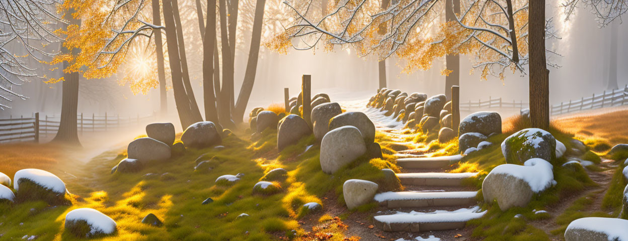 Tranquil Autumn Landscape with Stone Path and Golden Trees