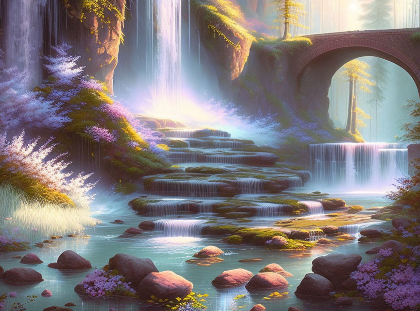 Majestic landscape with waterfalls, stone bridge, and purple flowers