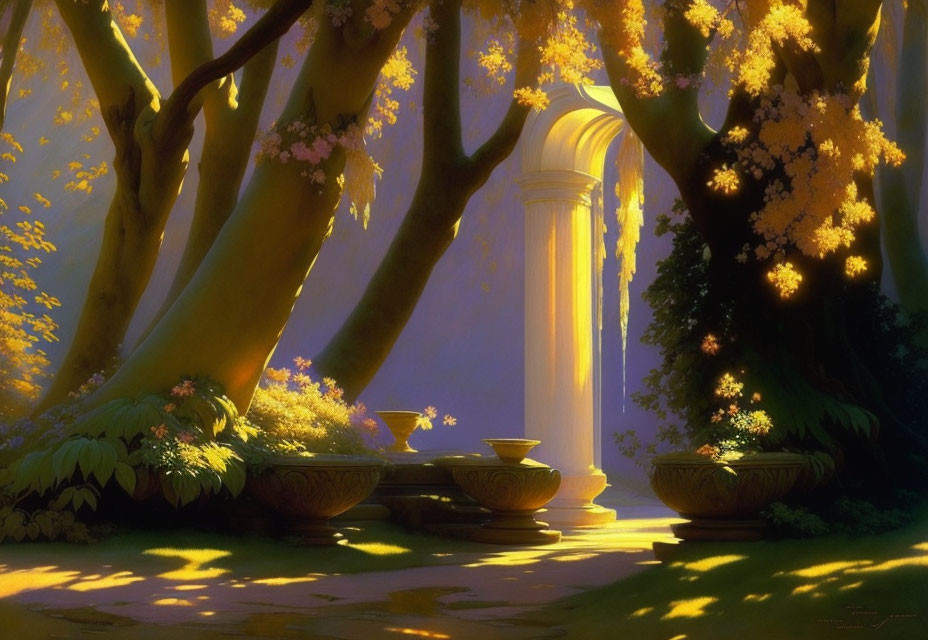 Tranquil white column among blooming trees and stone bowls in dappled sunlight