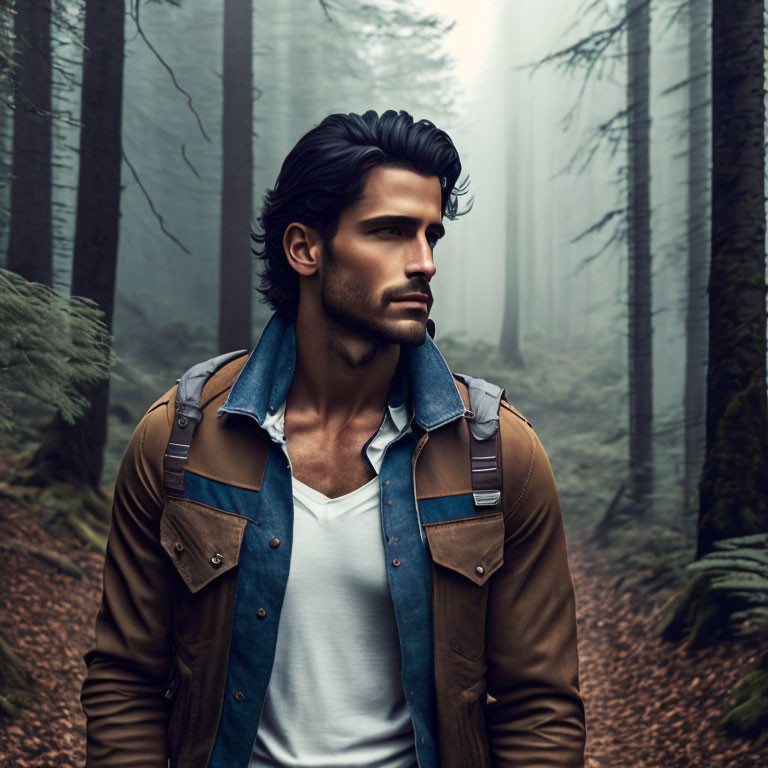 Dark-haired man with beard in forest wearing denim jacket and white shirt.