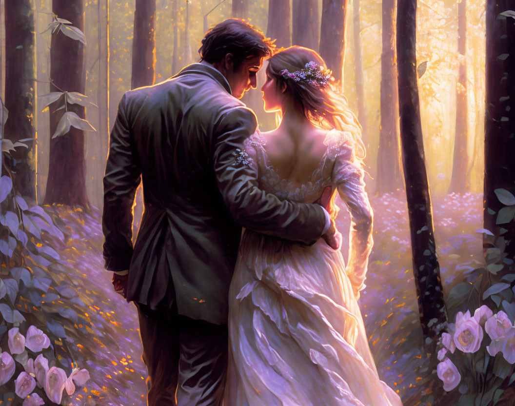 Illustrated romantic couple in formal attire walking in sunlit forest