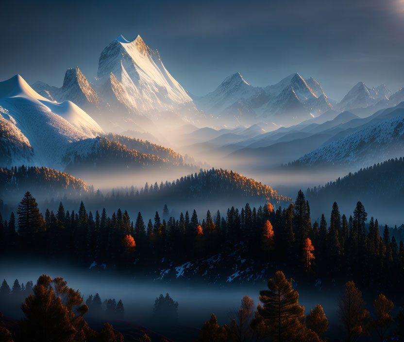 Mist-covered forest and snow-capped mountains at dawn