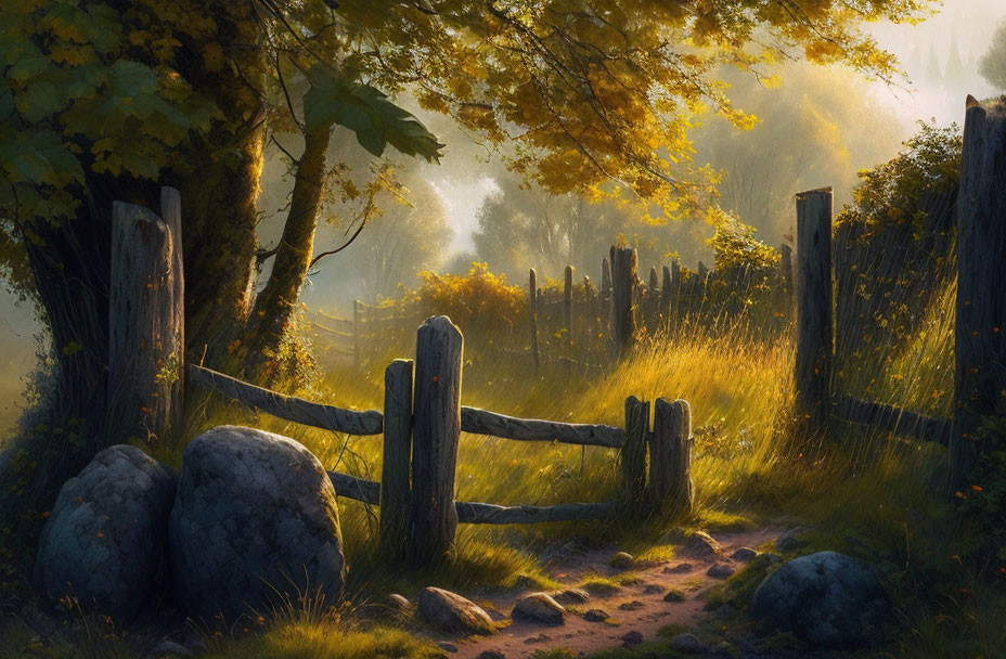 Tranquil sunrise woodland scene with rustic fence and sunbeams.