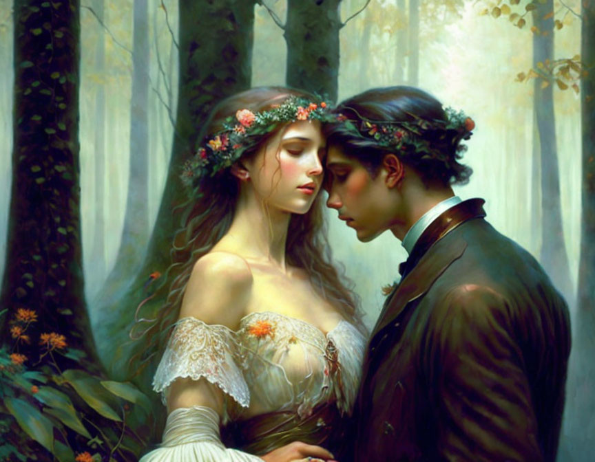 Romantic painting of man and woman in ethereal forest with floral headpieces