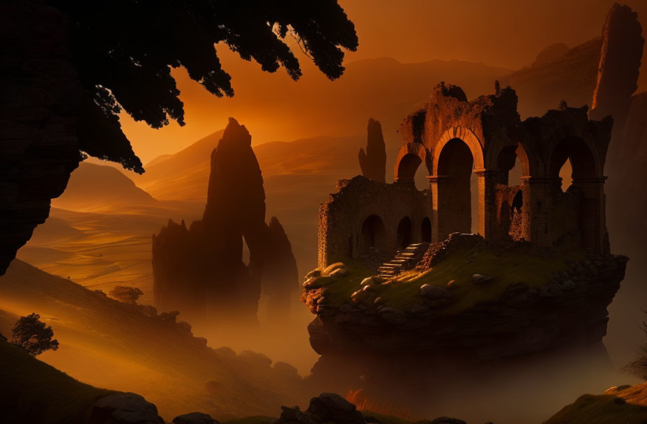 Mystical sunset scene with ancient archway ruins on cliff overlooking serene valley.