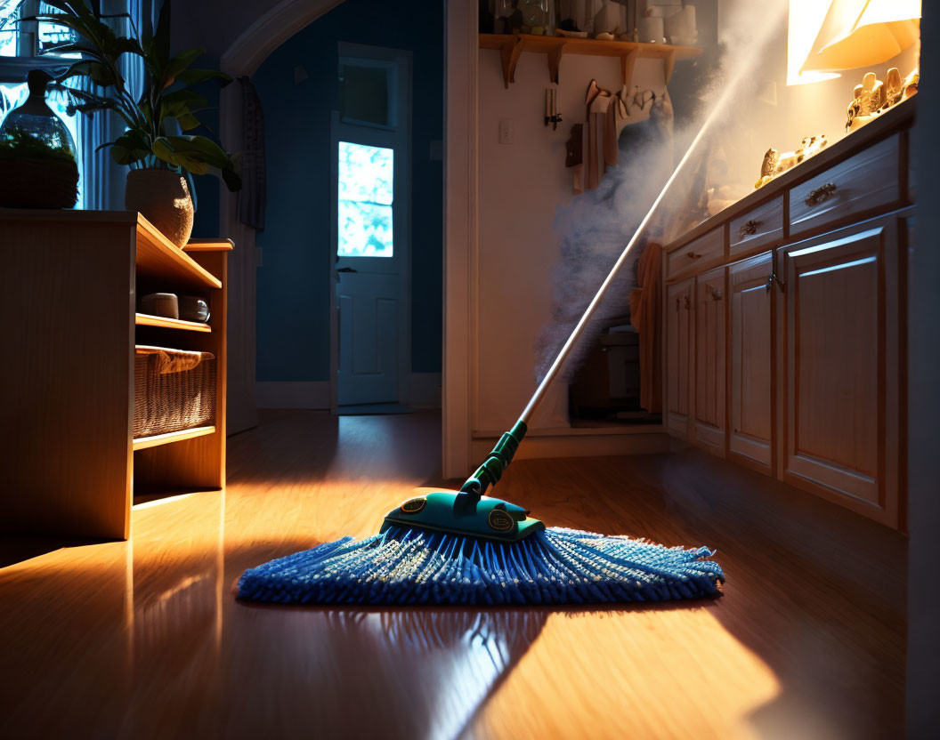 Green-handled mop in cozy kitchen setting under sunbeam