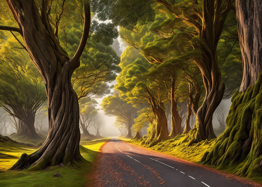 Tranquil road with moss-covered trees in soft sunlight