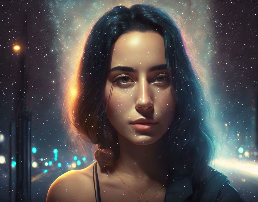 Digital artwork of woman with cosmic hair against starry night sky and urban bokeh lights