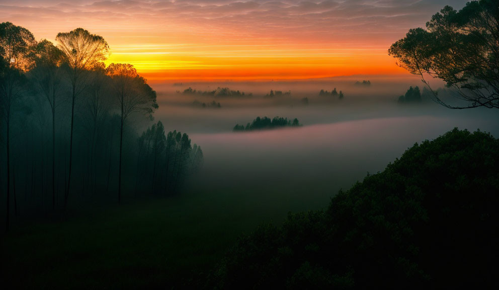 Mist-covered Landscape with Silhouetted Trees at Sunrise