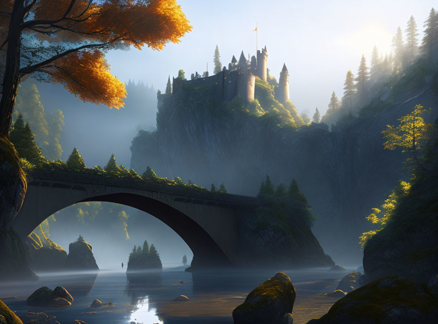 Majestic castle on cliff with arched bridge at sunrise