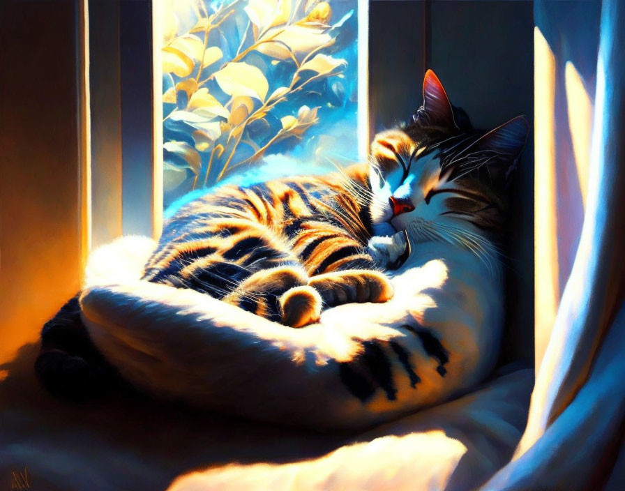 Tabby Cat Sleeping in Sunlit Window Nook