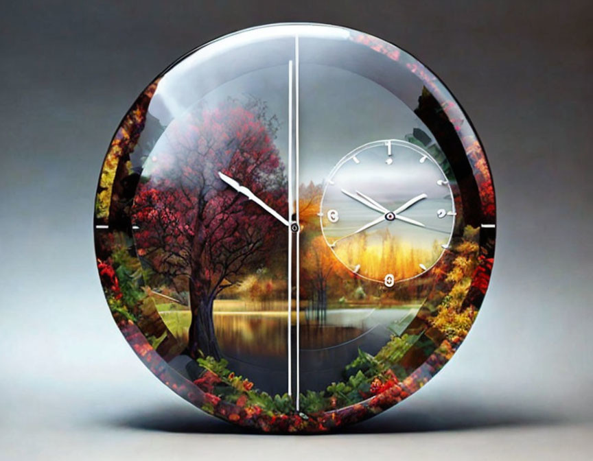 Split Design Wall Clock Featuring Tree in Four Seasons