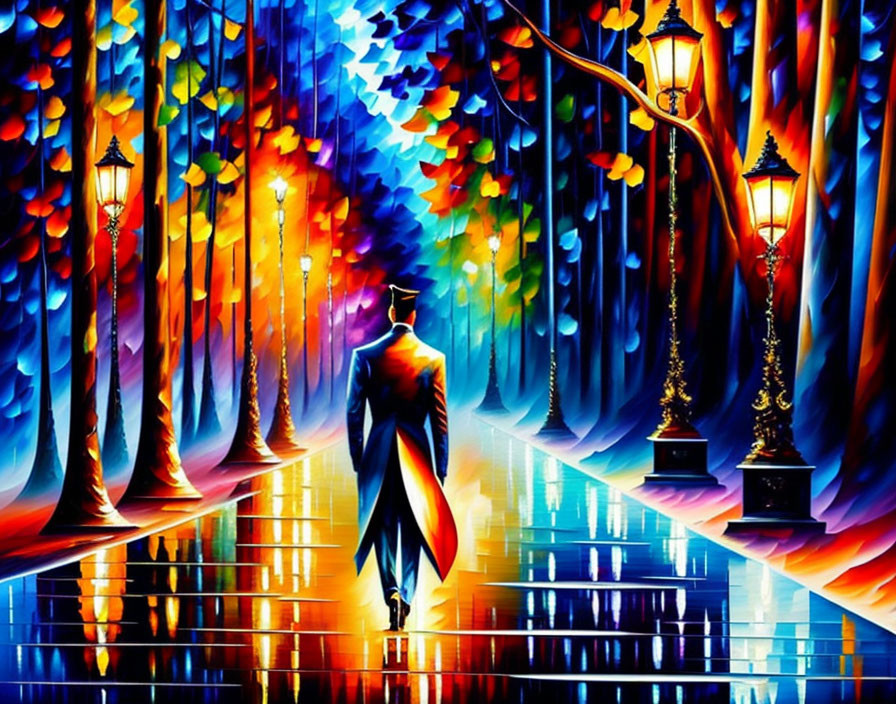 Colorful painting of person walking in vibrant forest with bright trees and glowing lampposts