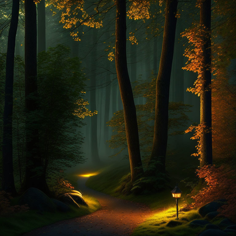 Tranquil Forest Path with Lantern Light and Autumn Leaves