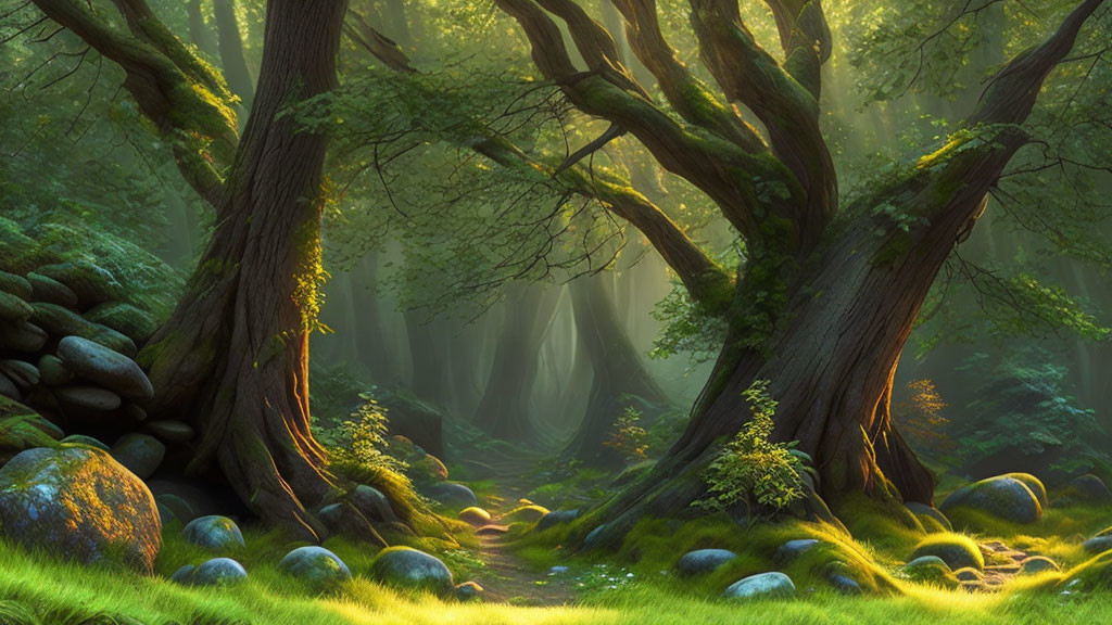 Twisted trees, sunlit greenery, mossy rocks in enchanting forest path