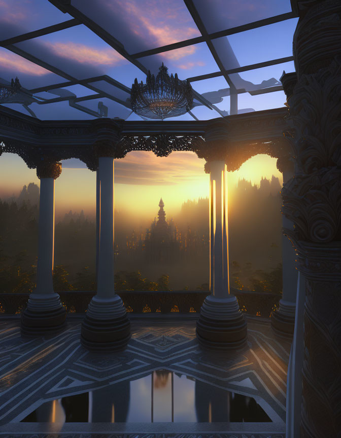 Ornate columns and chandelier frame mystical sunset landscape