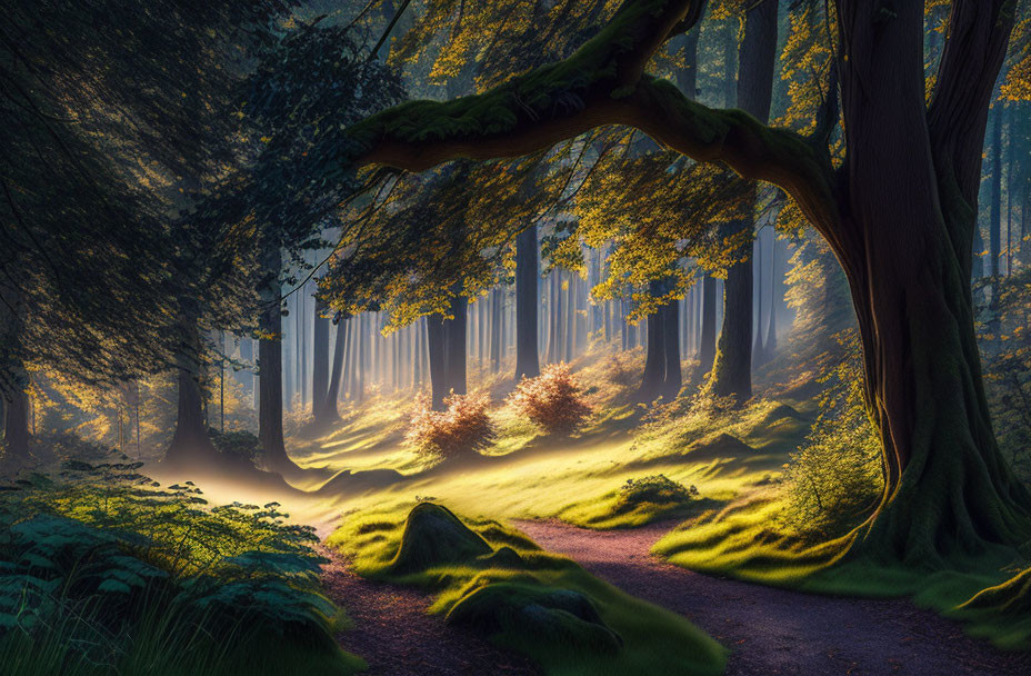 Enchanted forest with sunbeams, mossy ground, and winding path