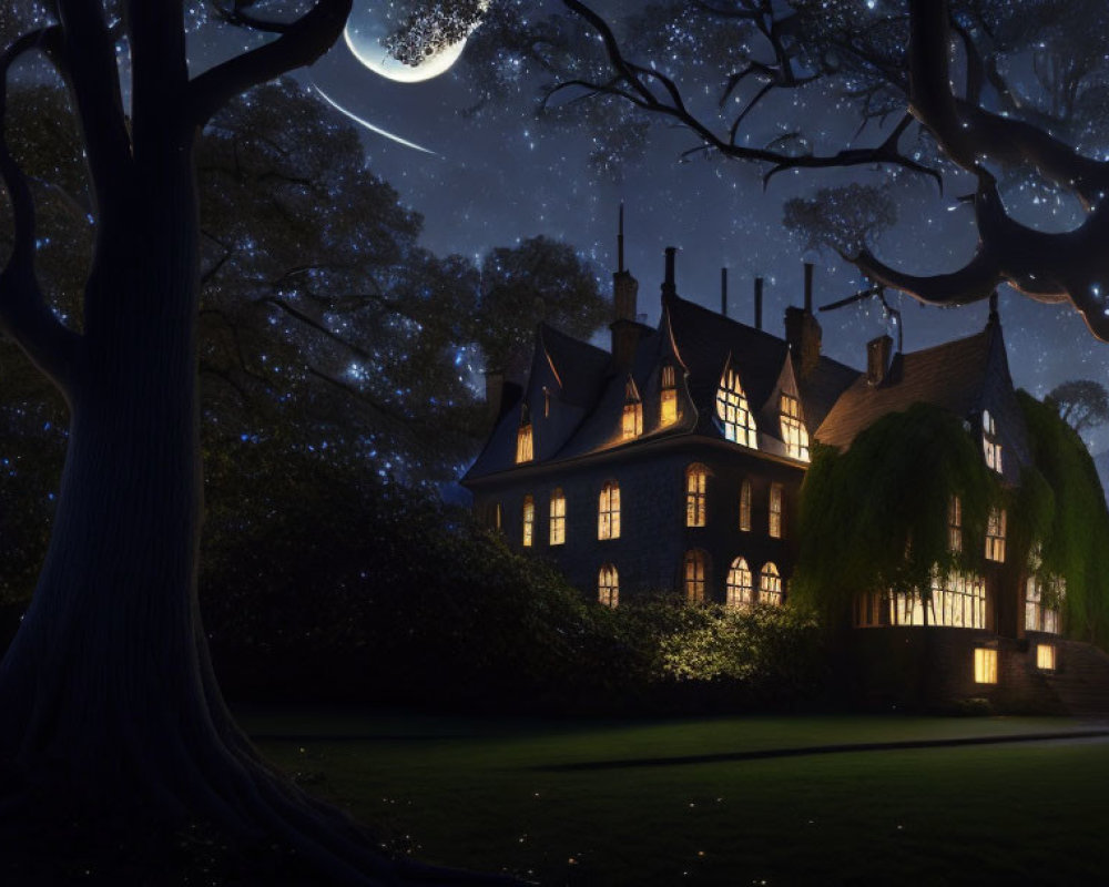 Spooky mansion illuminated by crescent moon at night