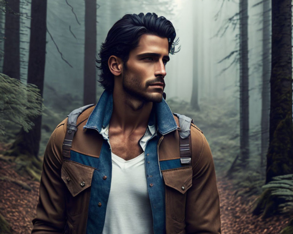 Dark-haired man with beard in forest wearing denim jacket and white shirt.