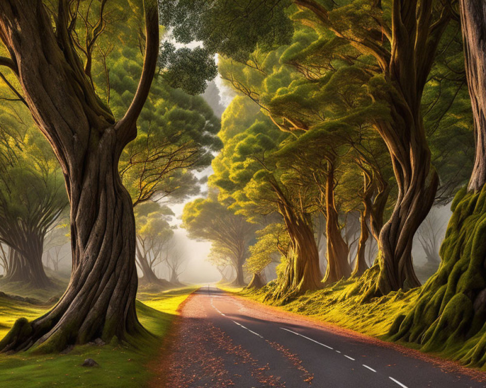 Tranquil road with moss-covered trees in soft sunlight