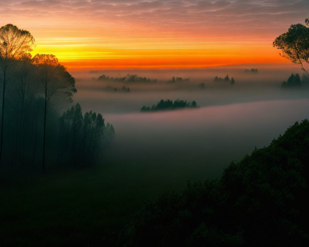 Mist-covered Landscape with Silhouetted Trees at Sunrise