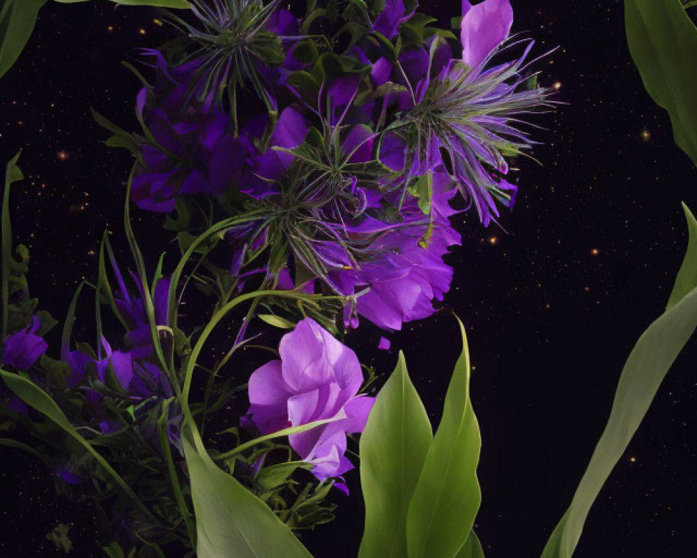 Purple Flowers and Green Leaves on Starry Night Sky Background