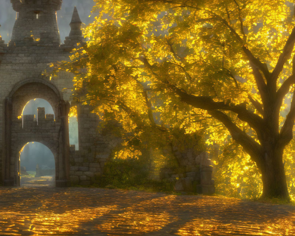 Autumn sunlight through ancient stone archway with dappled shadows