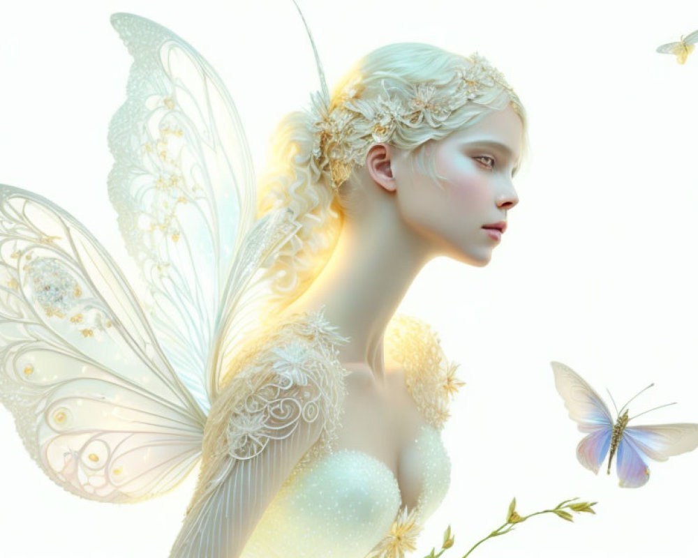 Fair-Haired Fairy with Translucent Wings and Butterflies on Light Background