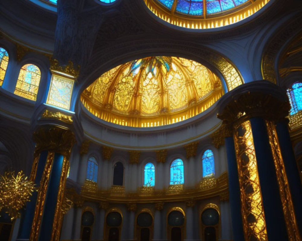 Luxurious interior with gilded dome, stained-glass windows, chandeliers, and figure.