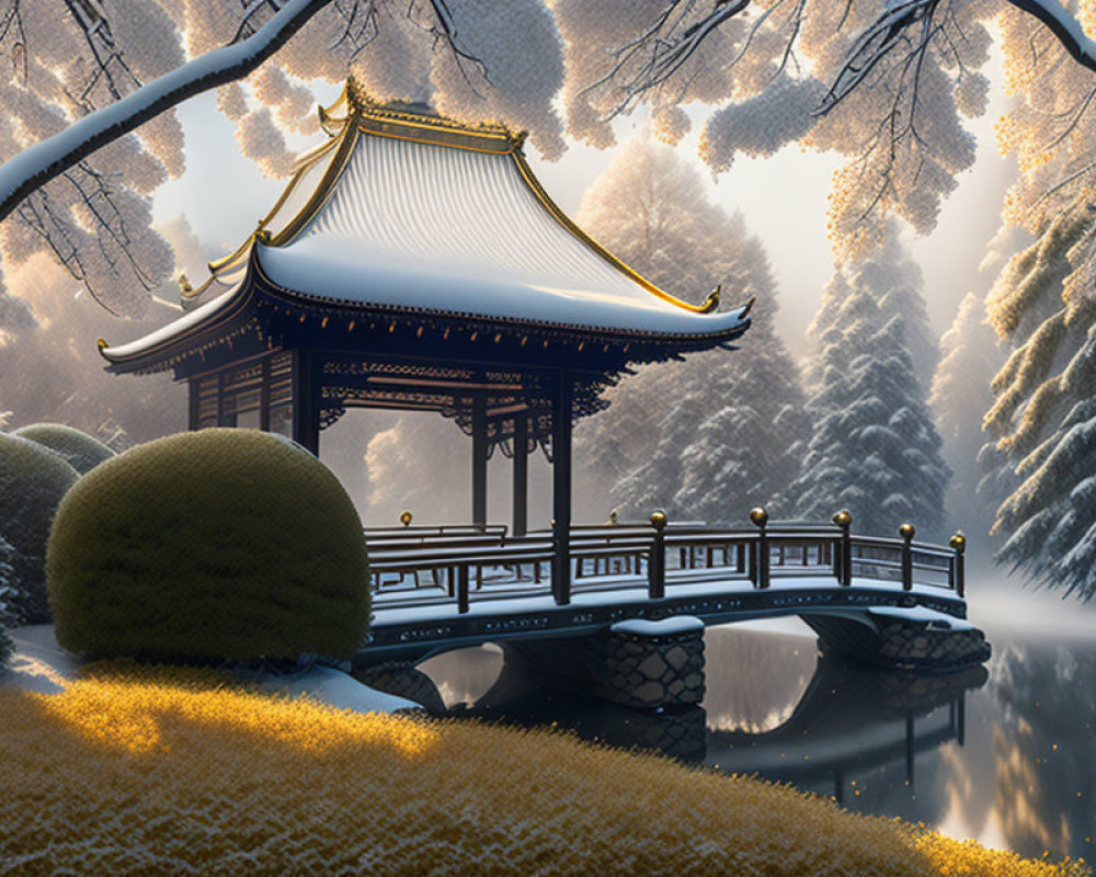 Traditional Asian Pavilion on Serene Lake in Snow-covered Landscape