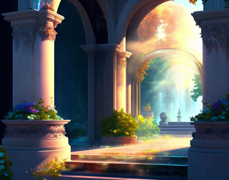 Sunlit corridor with ornate pillars and glowing pathway into enchanted forest