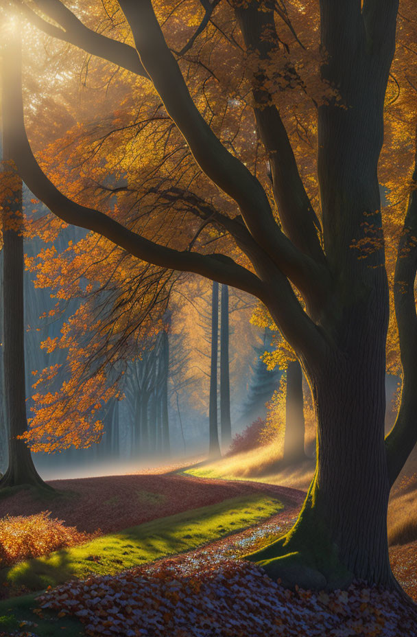 Golden autumn leaves cast shadows on misty forest path