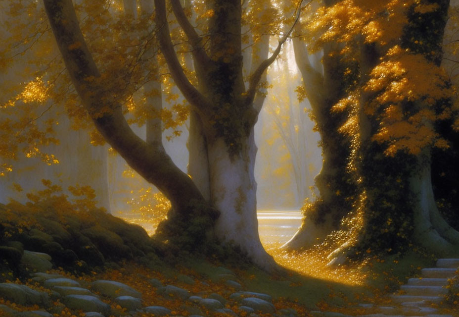 Ethereal forest scene with sunlight, towering trees, golden leaves, and ancient stone stairway