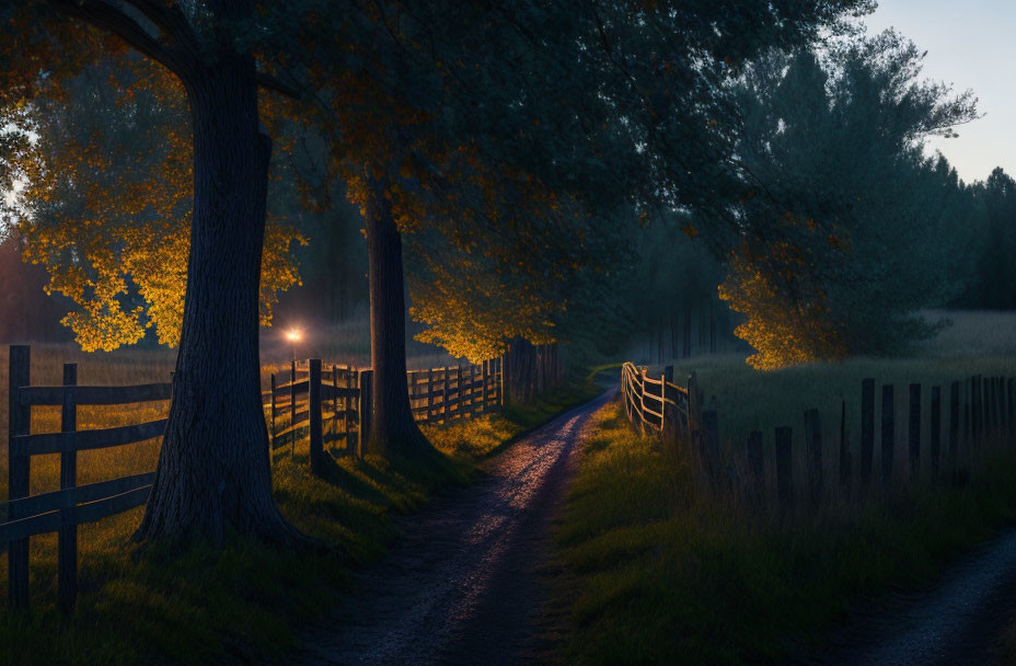 Tranquil twilight landscape with dirt path, wooden fence, and trees at sunset