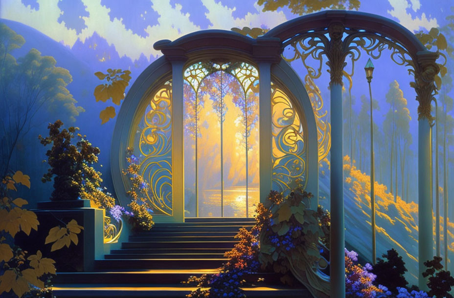 Ornate gate opening to sunlit forest with golden leaves and purple flowers