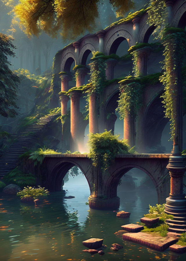 Tranquil river with ancient stone bridge in lush forest