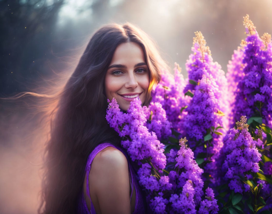 Smiling woman with long hair in purple flower field