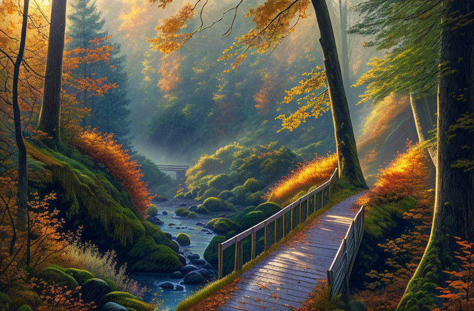 Tranquil forest path with wooden railing beside babbling brook and autumn trees.