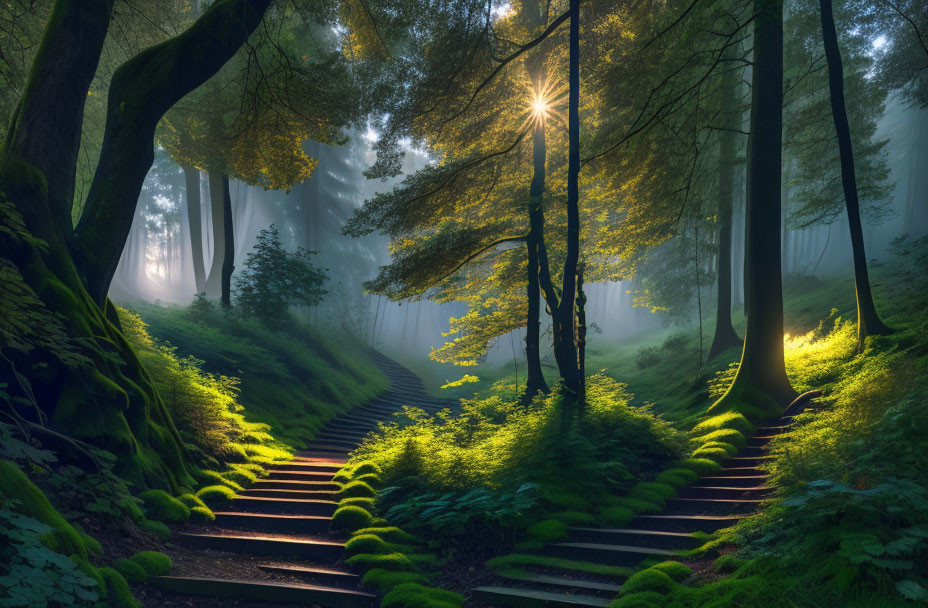 Sunlight filters through misty forest onto moss-covered steps in lush greenery