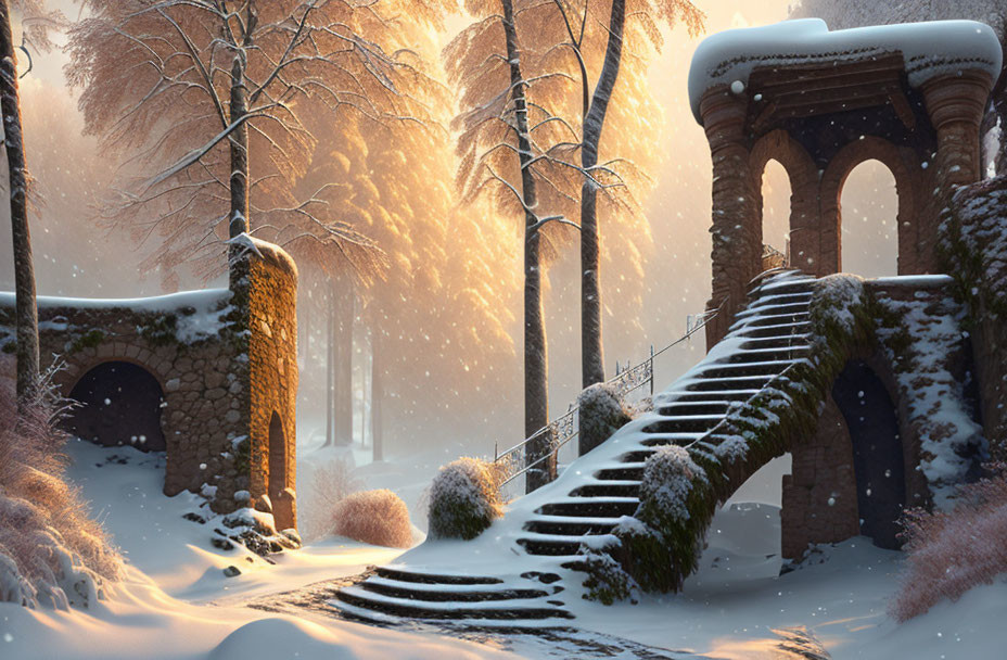 Snowy Stone Bridge and Archway in Winter Scene