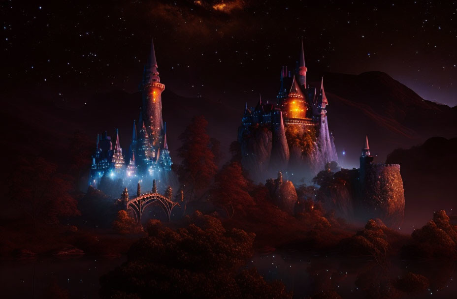 Mystical castle with blue lights in dark landscape under starry sky
