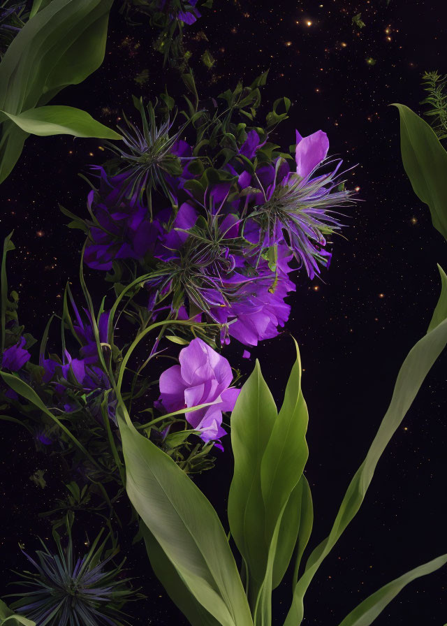 Purple Flowers and Green Leaves on Starry Night Sky Background