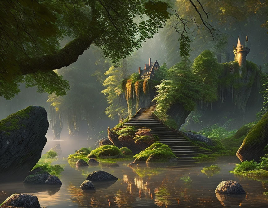 Lush greenery and stone stairway in mystical forest scene