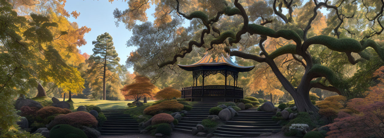 Tranquil Oriental garden with wooden pavilion in autumn foliage