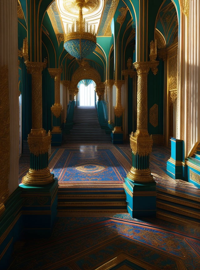 Luxurious corridor with golden columns, arched doorways, vaulted ceiling, and blue-gold