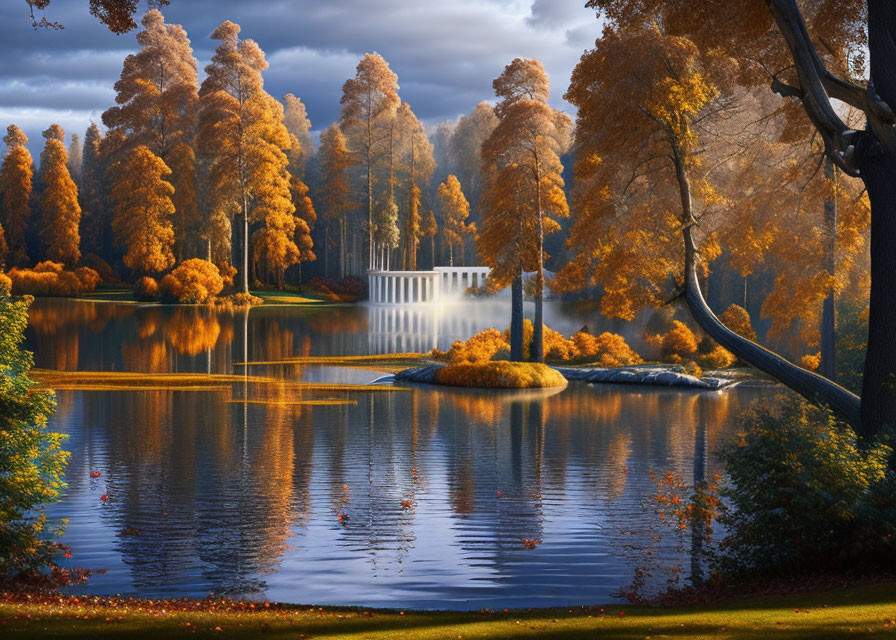 Tranquil autumn landscape with golden trees, calm lake, and classical building.