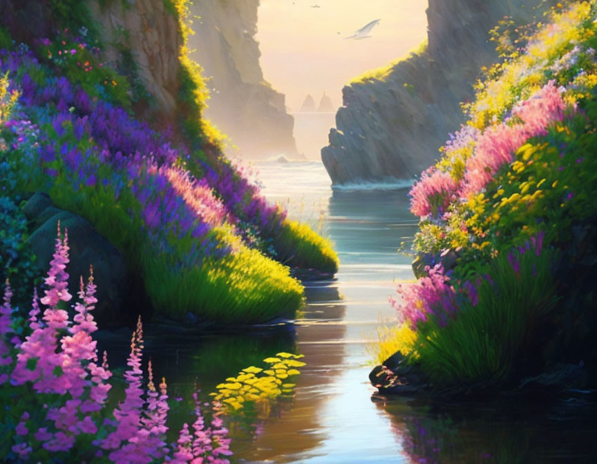Tranquil sunset over vibrant flower-lined canyon