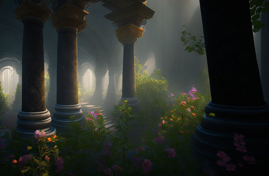 Serene overgrown temple with misty sunlight and vibrant wildflowers